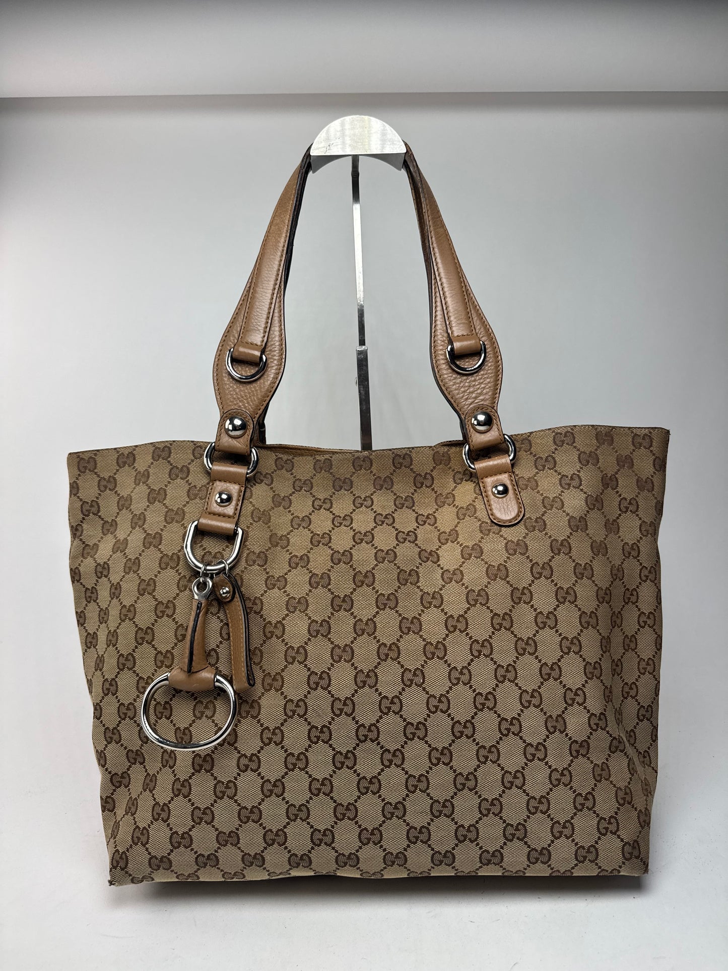 Vintage Gucci Monogram Canvas Sac cabas en cuir beige Horsebit