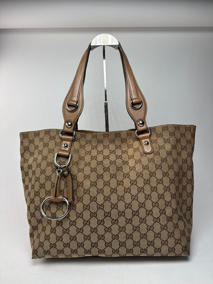 Vintage Gucci Monogram Canvas Sac cabas en cuir beige Horsebit