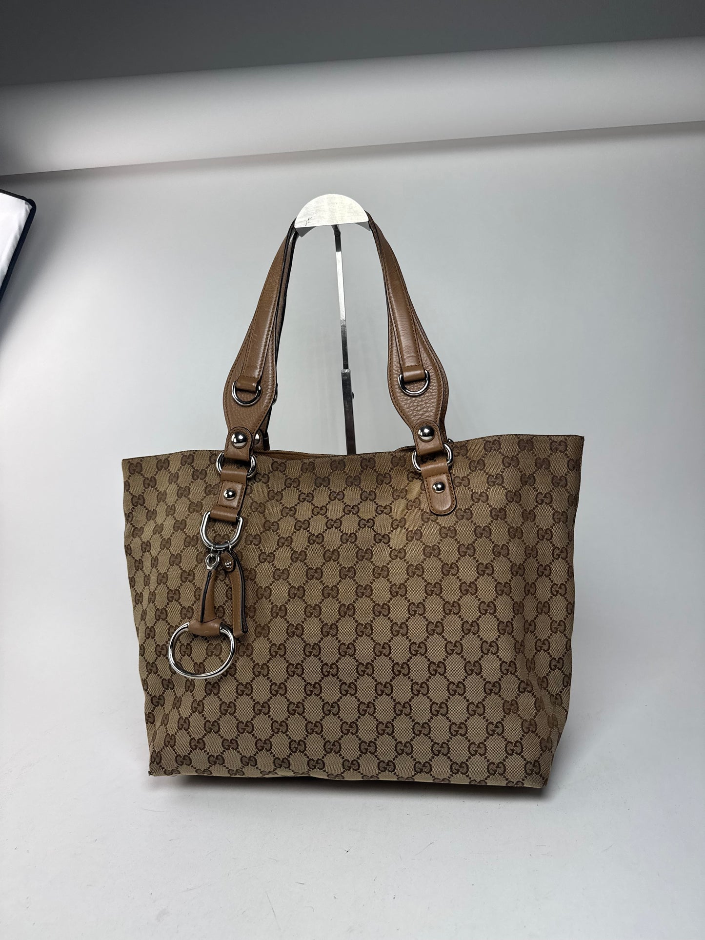 Vintage Gucci Monogram Canvas Sac cabas en cuir beige Horsebit