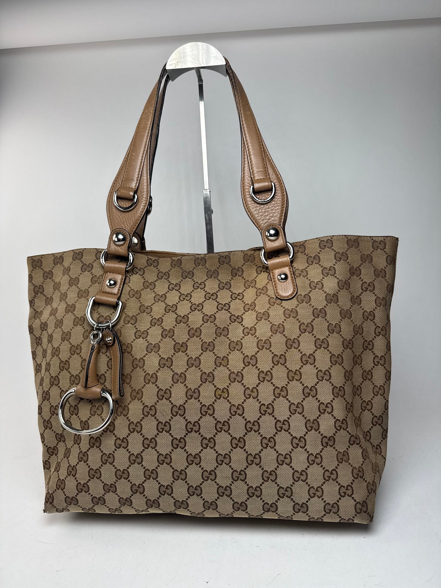 Vintage Gucci Monogram Canvas Sac cabas en cuir beige Horsebit