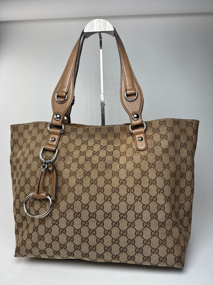 Vintage Gucci Monogram Canvas Sac cabas en cuir beige Horsebit