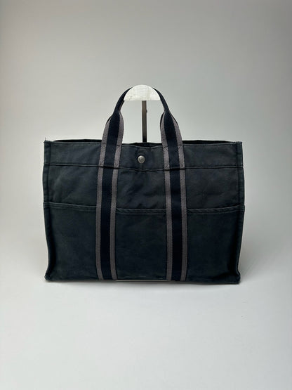 Vintage Hermes Cotton Shopper Bag Black