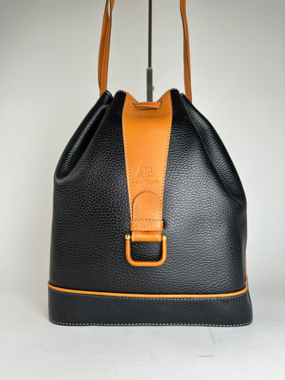 Vintage Courrèges AC Logo Leather Bucket Bag Black Cognac