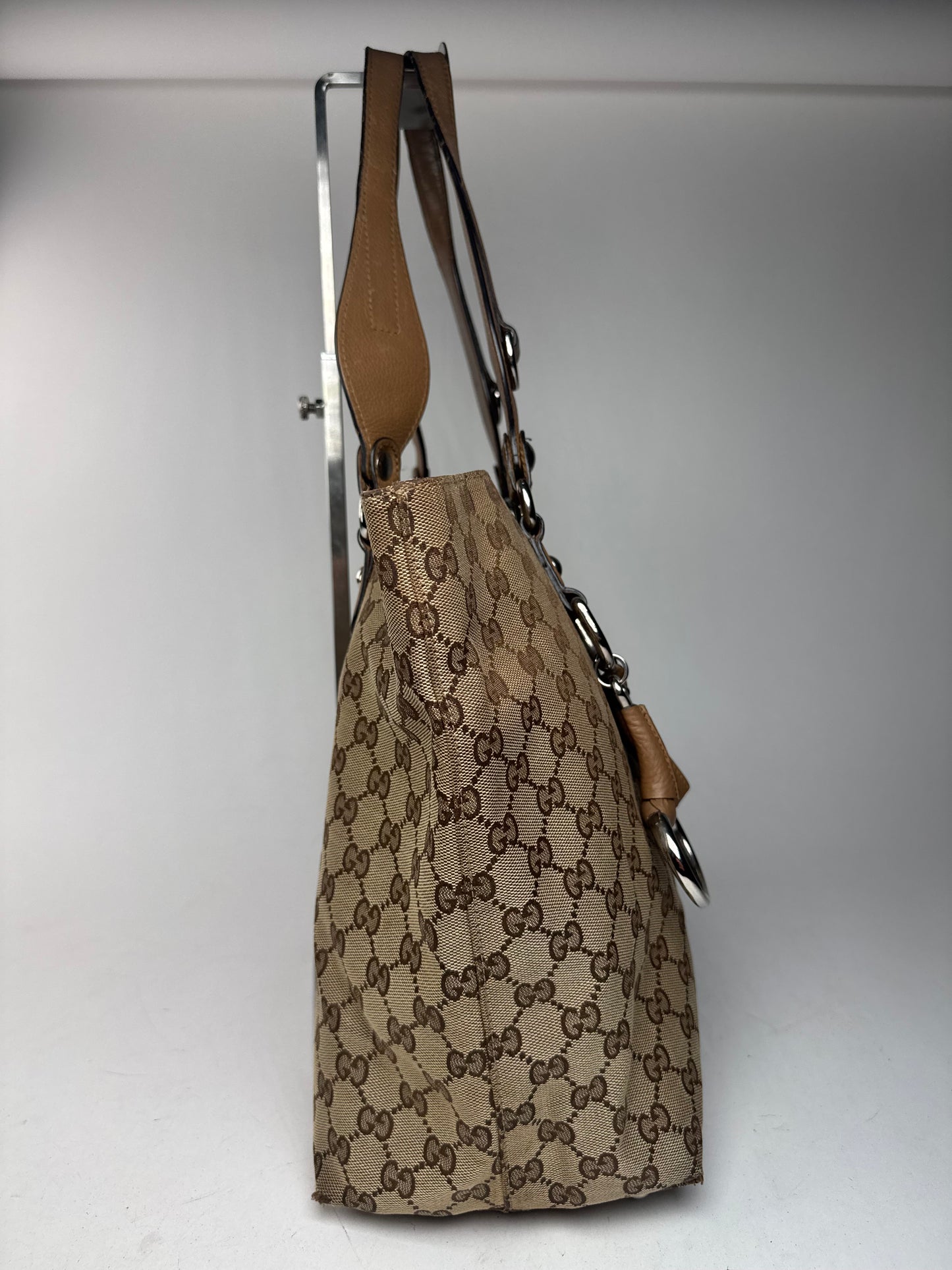 Vintage Gucci Monogram Canvas Sac cabas en cuir beige Horsebit