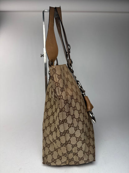 Vintage Gucci Monogram Canvas Sac cabas en cuir beige Horsebit