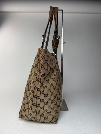 Vintage Gucci Monogram Canvas Sac cabas en cuir beige Horsebit