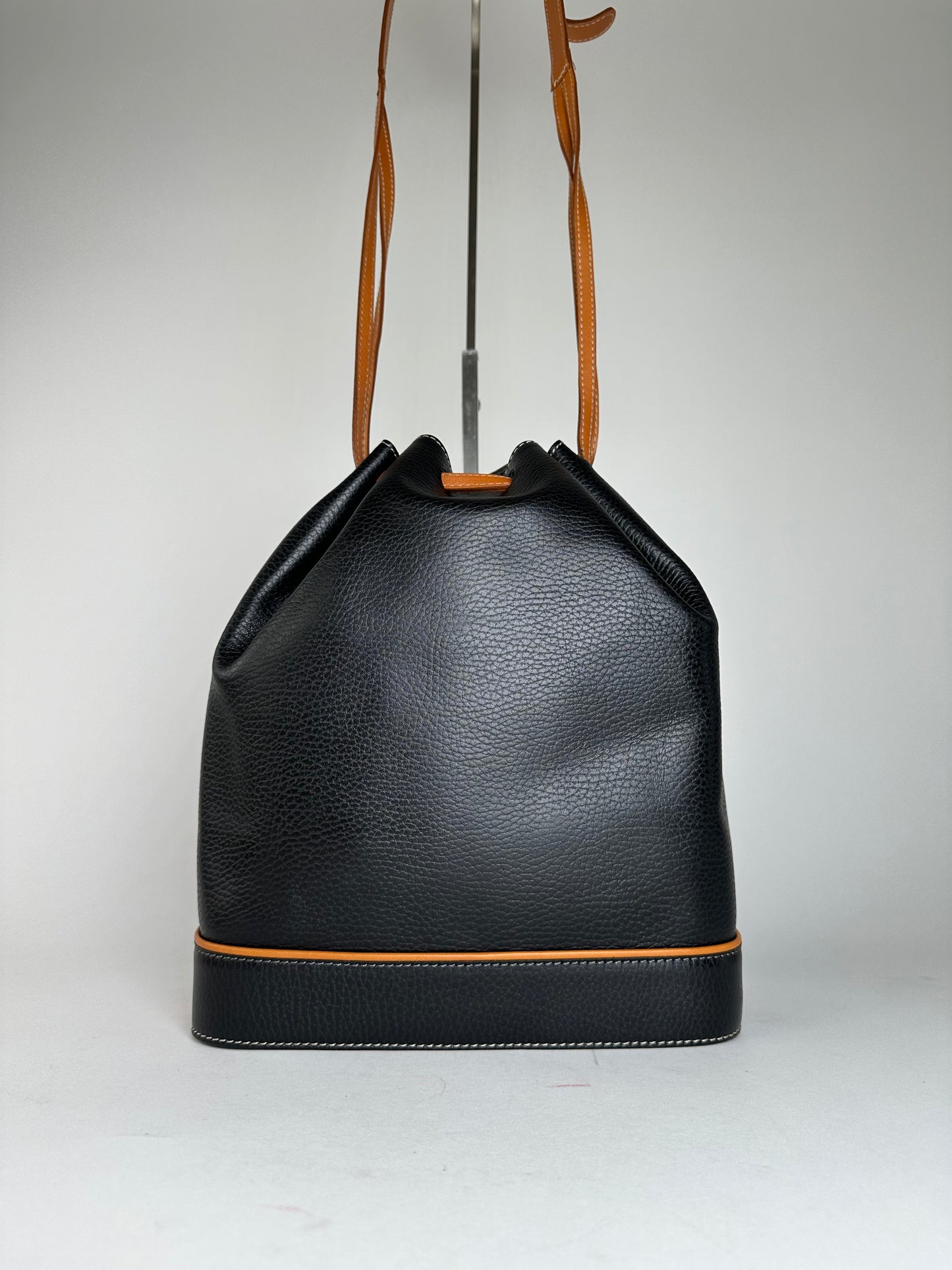 Vintage Courrèges AC Logo Leather Bucket Bag Black Cognac