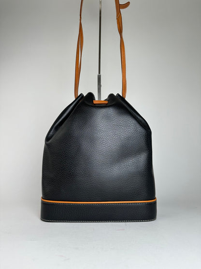 Vintage Courrèges AC Logo Leather Bucket Bag Black Cognac