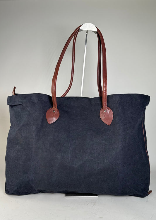 Vintage Issey Miyake Canvas Leather Trim Tote Navy Brown