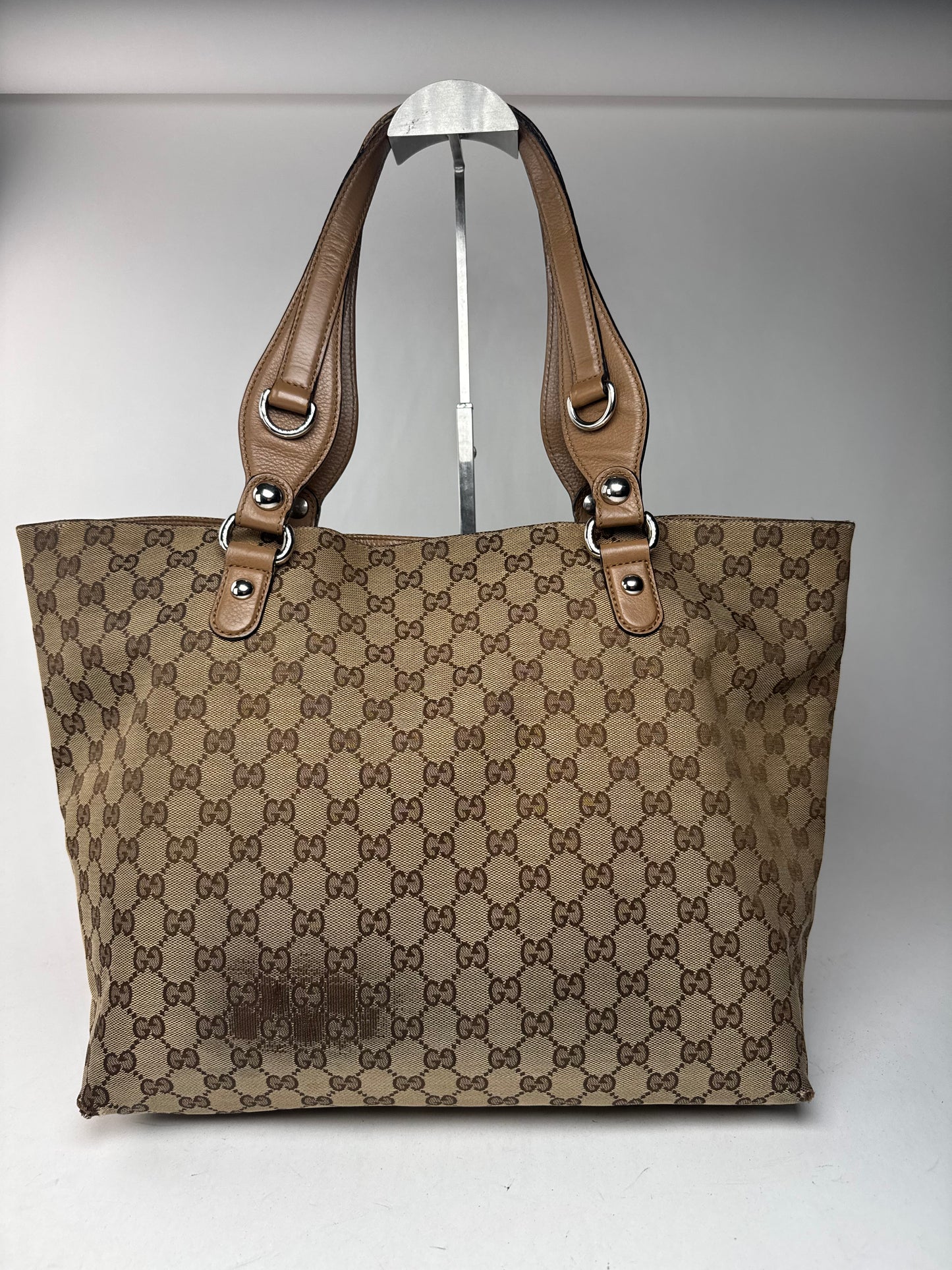Vintage Gucci Monogram Canvas Sac cabas en cuir beige Horsebit