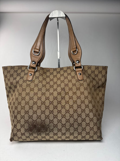 Vintage Gucci Monogram Canvas Sac cabas en cuir beige Horsebit