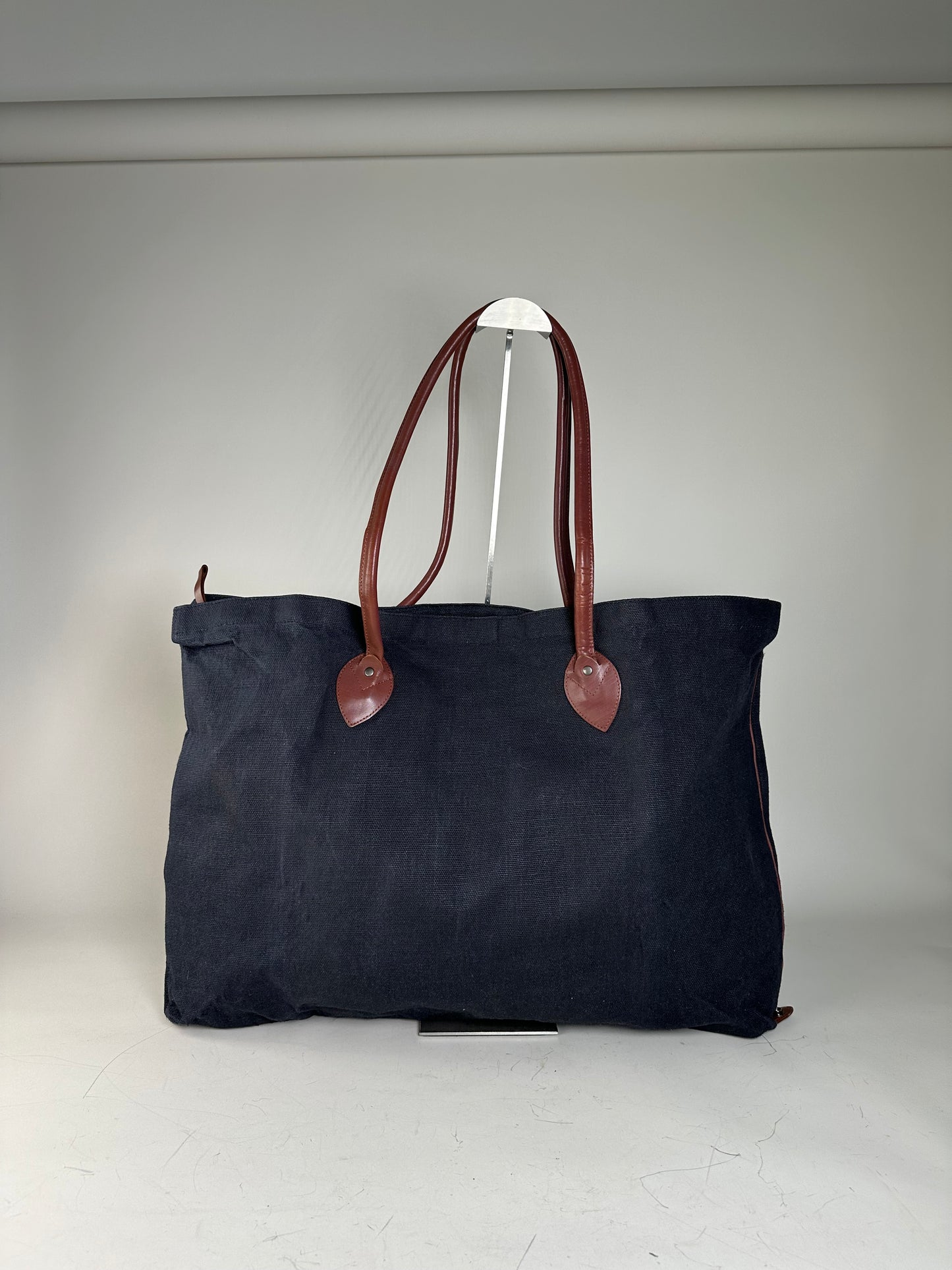 Vintage Issey Miyake Canvas Leather Trim Tote Navy Brown