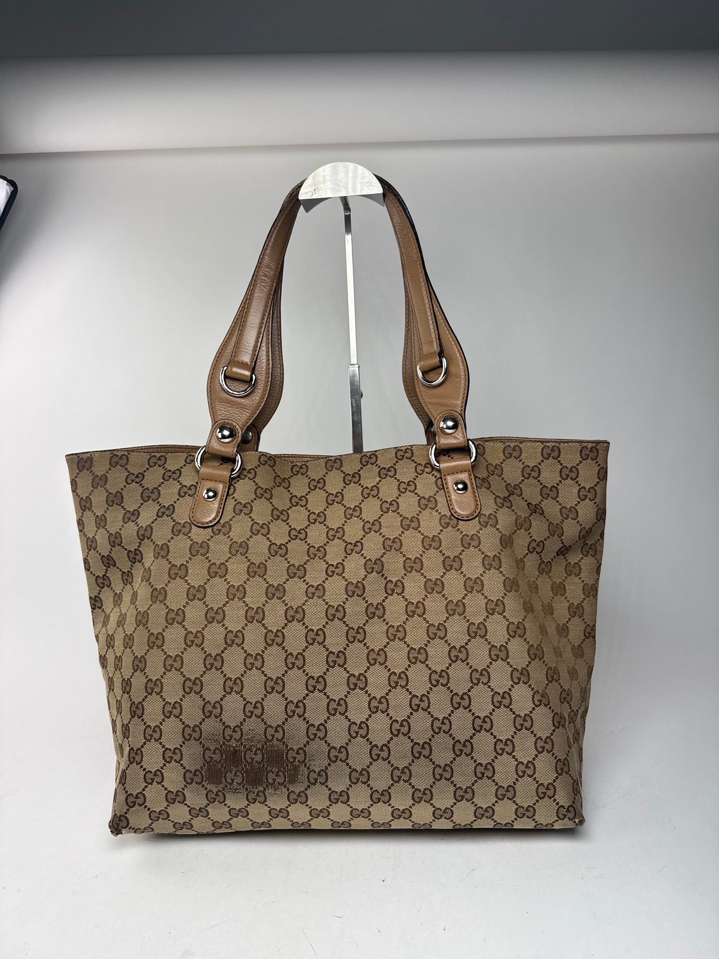 Vintage Gucci Monogram Canvas Sac cabas en cuir beige Horsebit