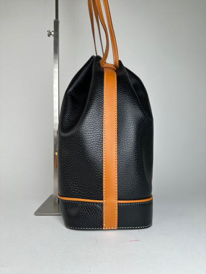 Vintage Courrèges AC Logo Leather Bucket Bag Black Cognac