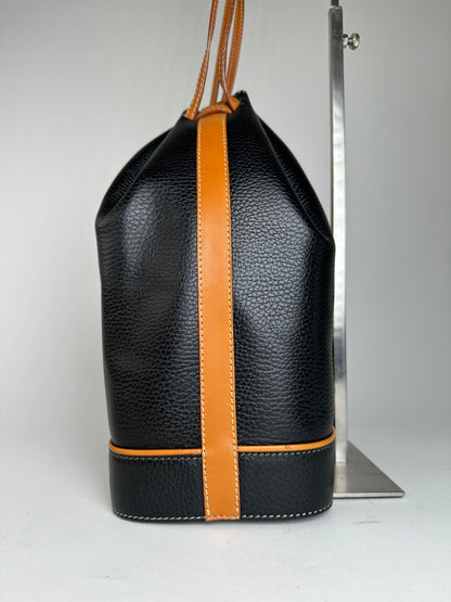 Vintage Courrèges AC Logo Leather Bucket Bag Black Cognac