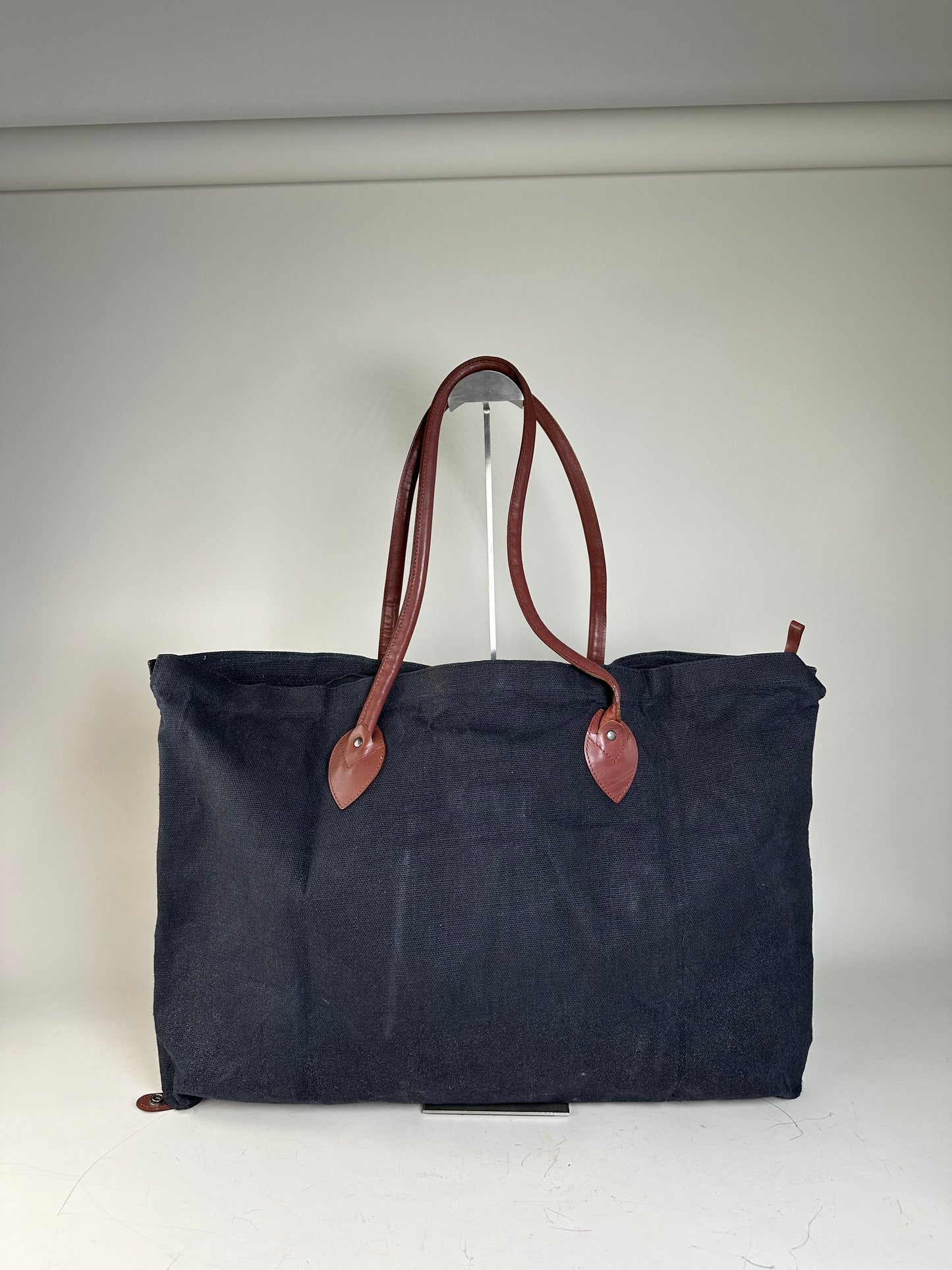 Vintage Issey Miyake Canvas Leather Trim Tote Navy Brown