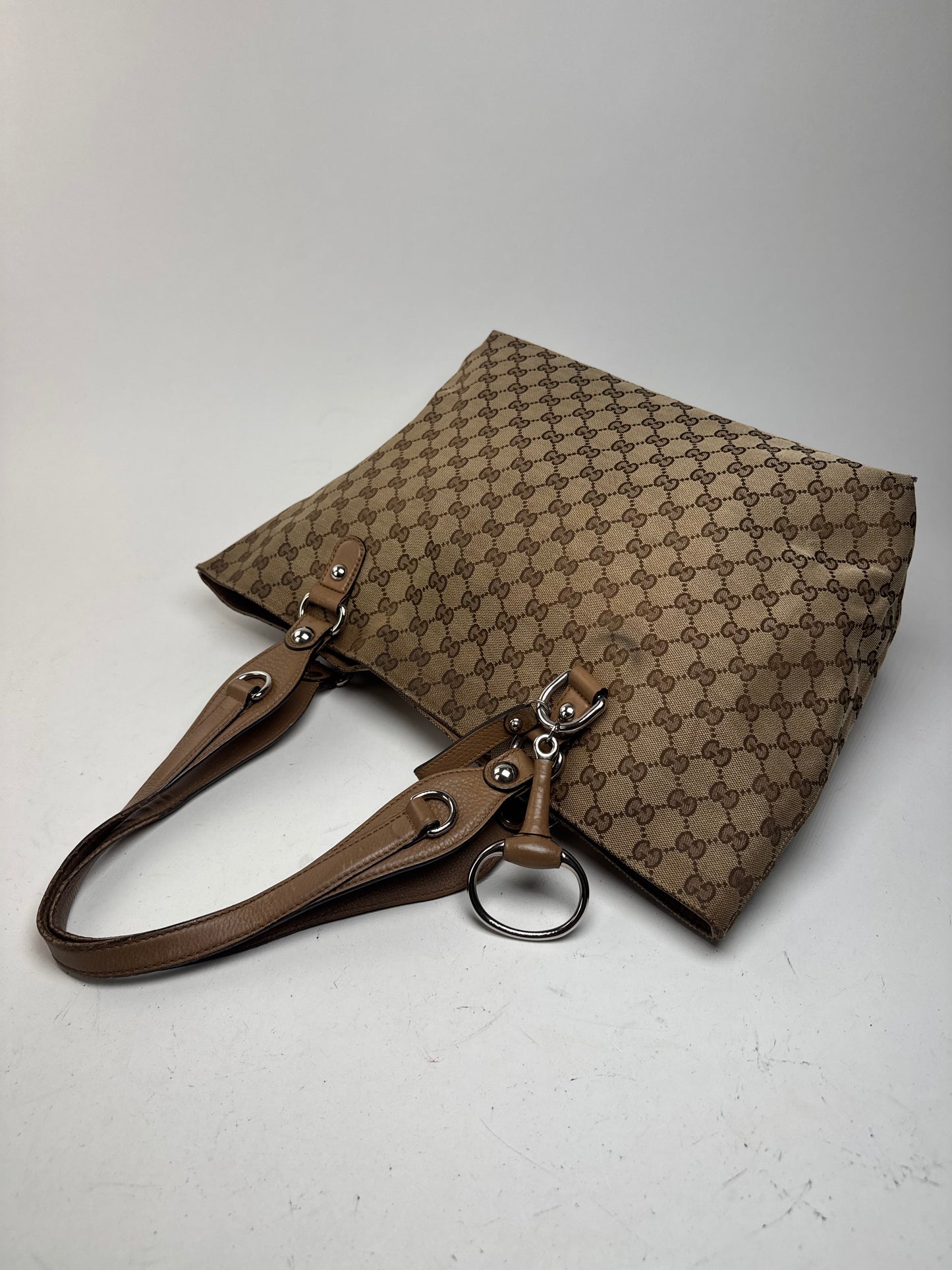 Vintage Gucci Monogram Canvas Sac cabas en cuir beige Horsebit