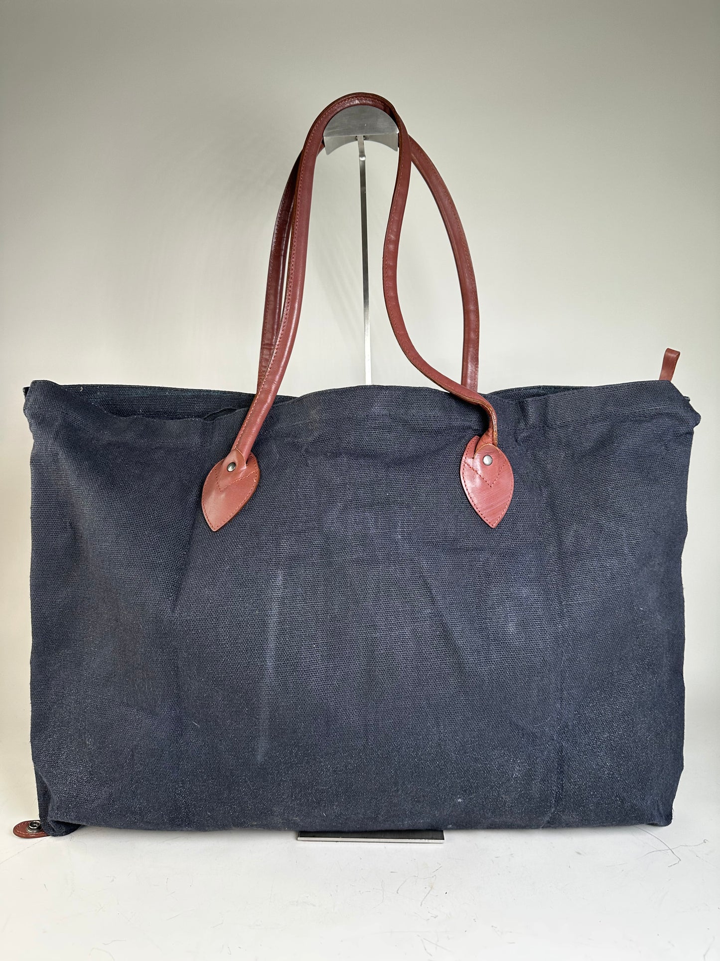 Vintage Issey Miyake Canvas Leather Trim Tote Navy Brown