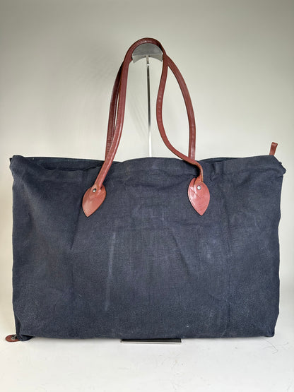 Vintage Issey Miyake Canvas Leather Trim Tote Navy Brown