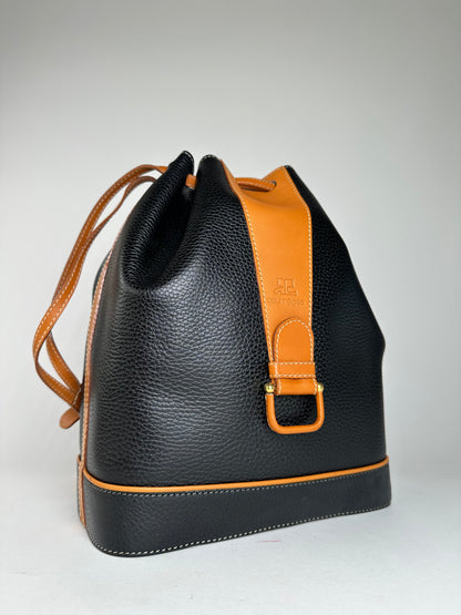 Vintage Courrèges AC Logo Leather Bucket Bag Black Cognac