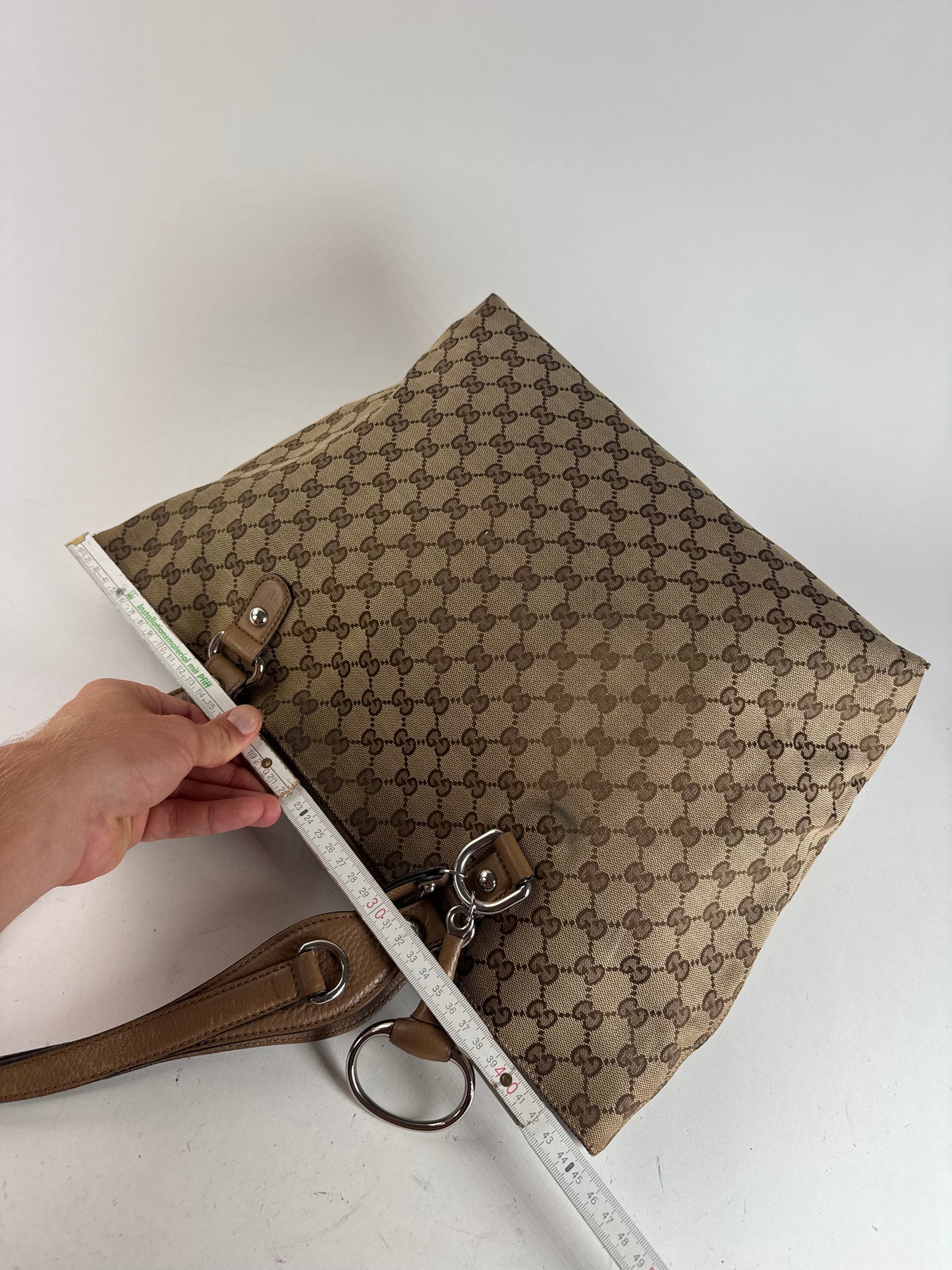 Vintage Gucci Monogram Canvas Sac cabas en cuir beige Horsebit