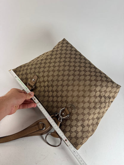 Vintage Gucci Monogram Canvas Sac cabas en cuir beige Horsebit