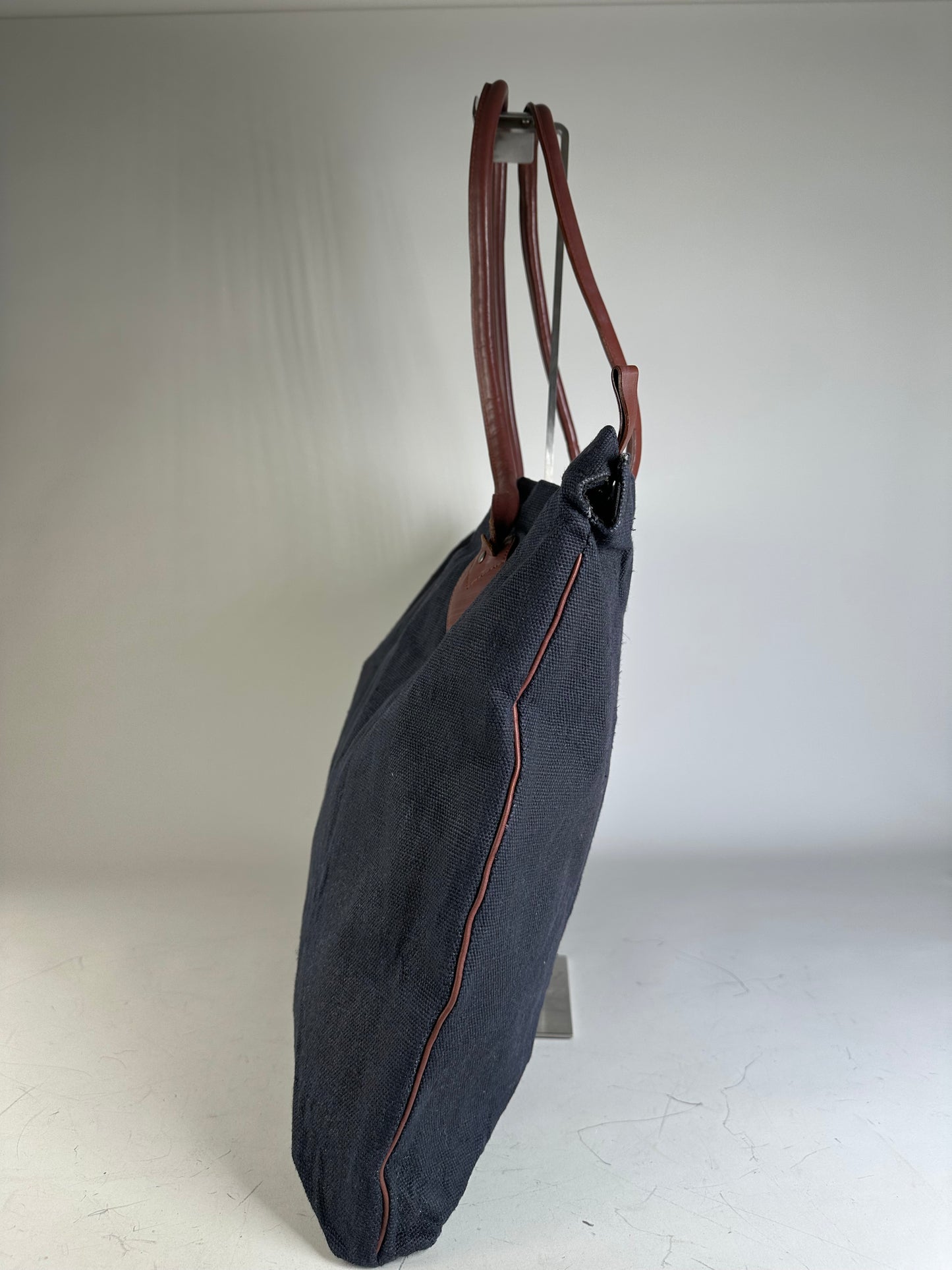Vintage Issey Miyake Canvas Leather Trim Tote Navy Brown