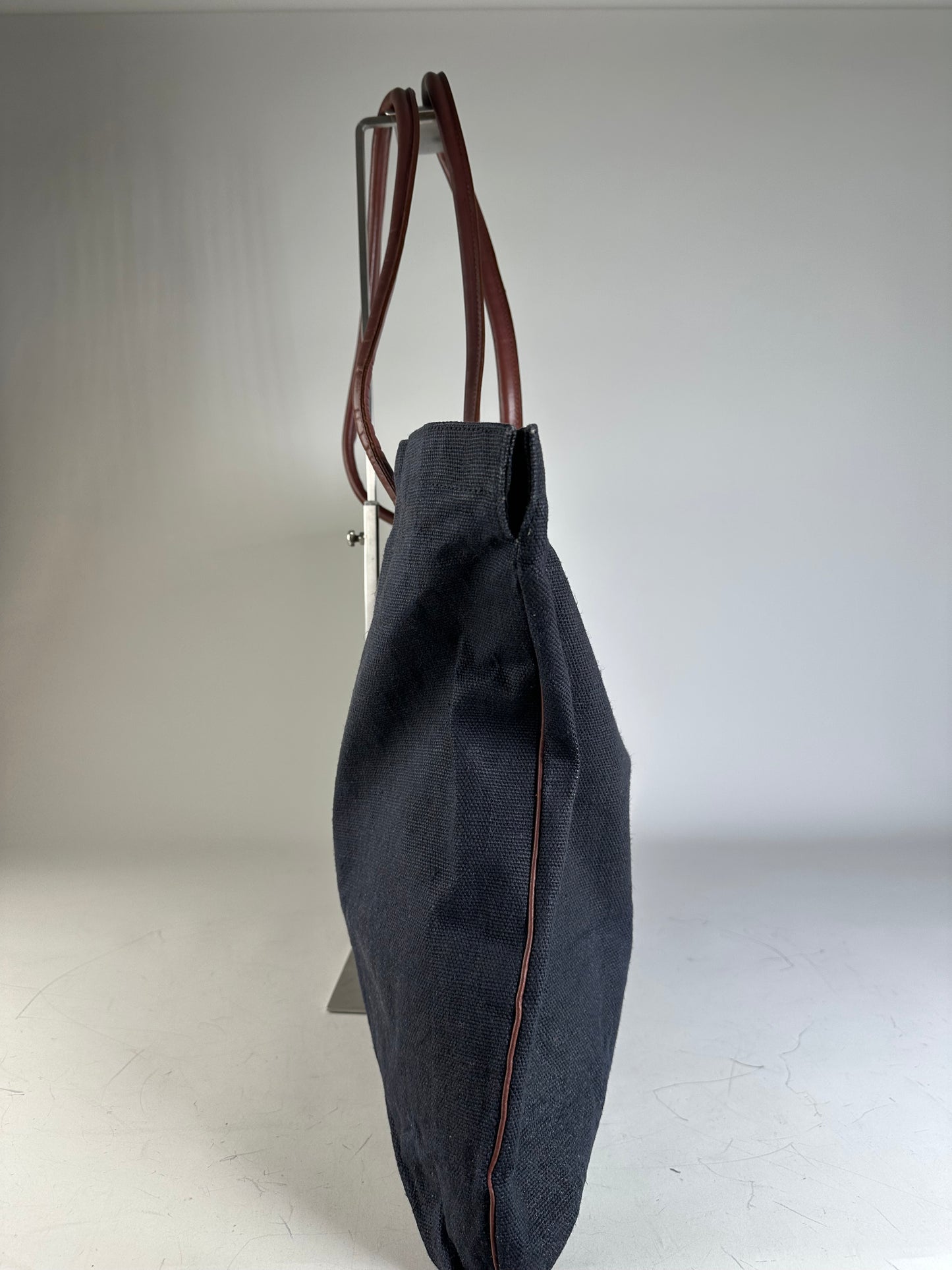 Vintage Issey Miyake Canvas Leather Trim Tote Navy Brown