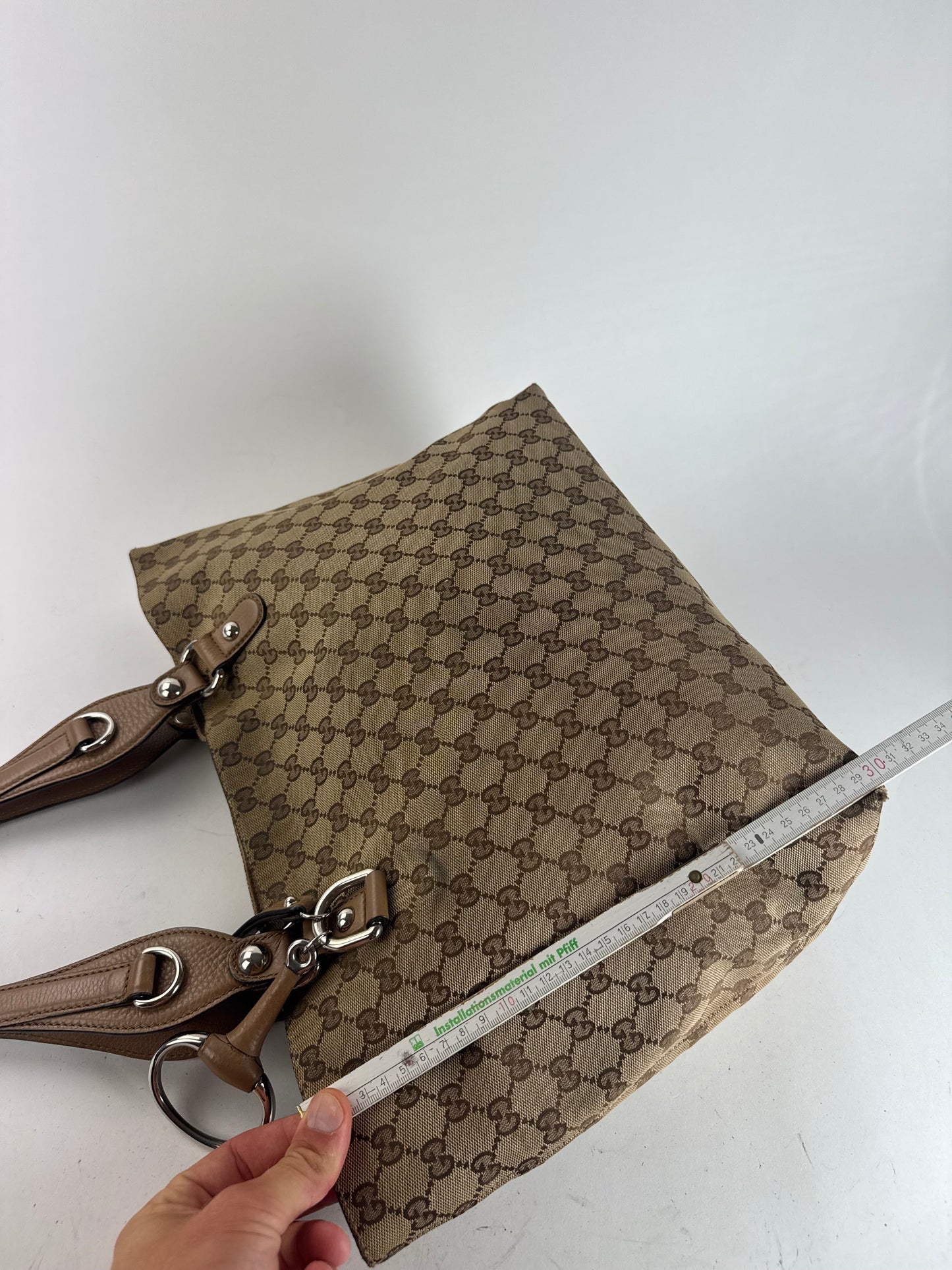 Vintage Gucci Monogram Canvas Sac cabas en cuir beige Horsebit