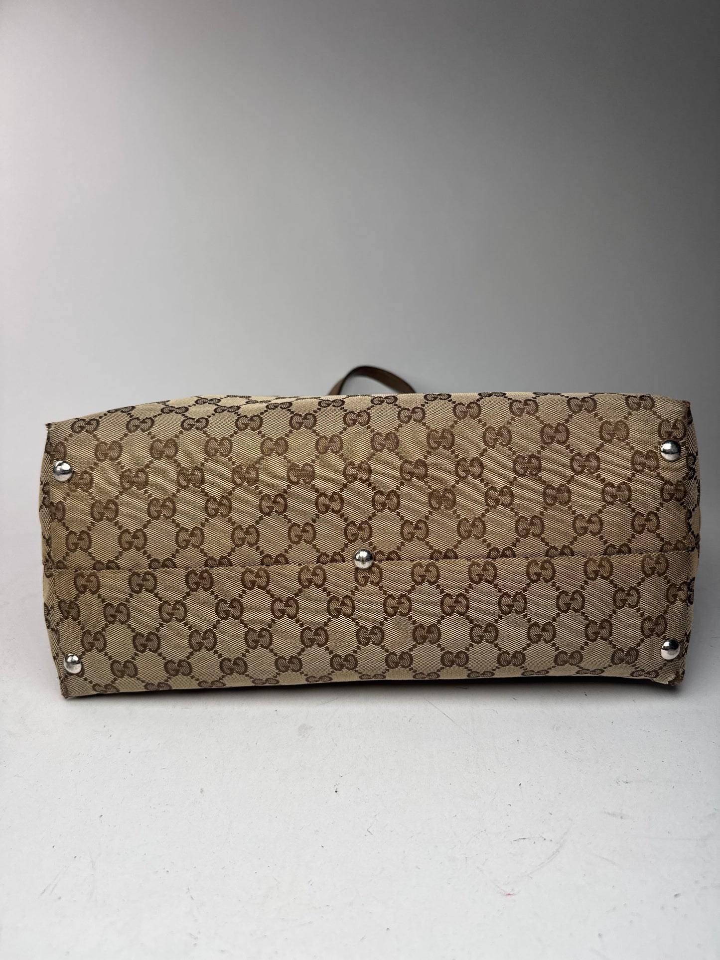 Vintage Gucci Monogram Canvas Sac cabas en cuir beige Horsebit