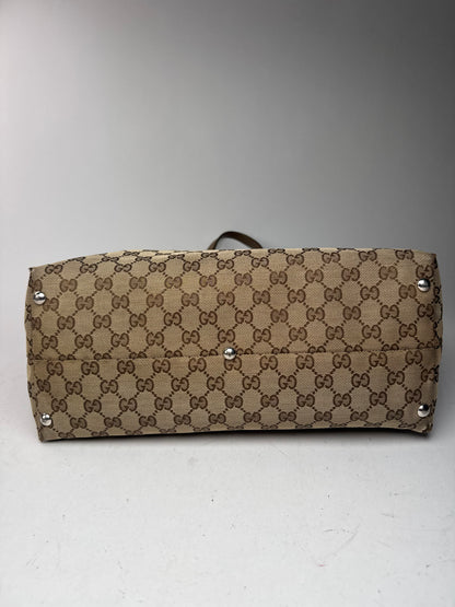 Vintage Gucci Monogram Canvas Sac cabas en cuir beige Horsebit