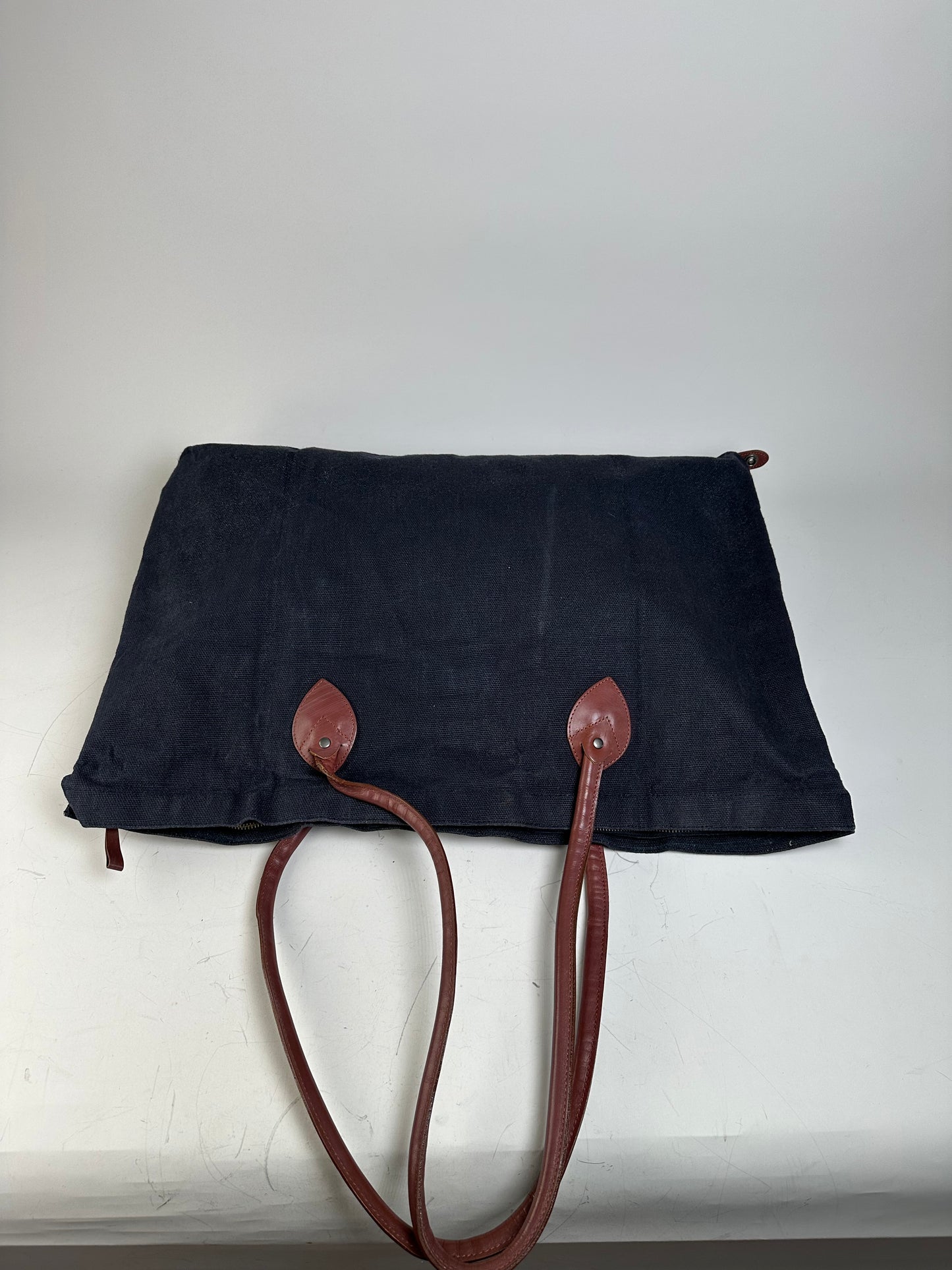 Vintage Issey Miyake Canvas Leather Trim Tote Navy Brown