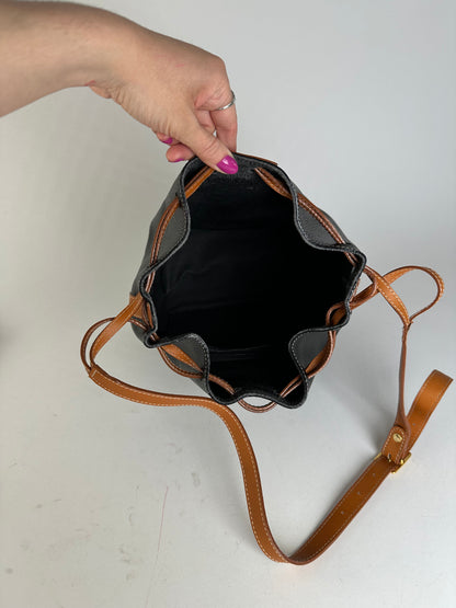 Vintage Courrèges AC Logo Leather Bucket Bag Black Cognac