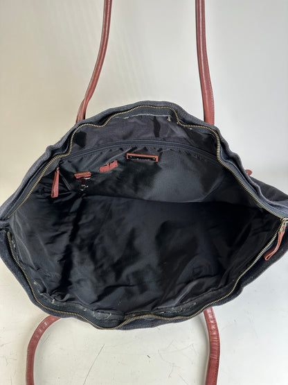 Vintage Issey Miyake Canvas Leather Trim Tote Navy Brown