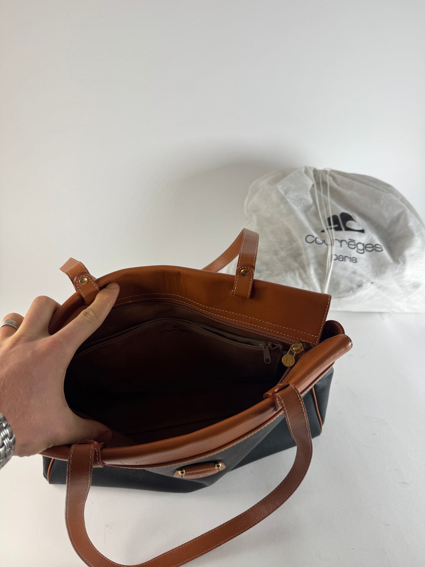 Vintage Courreges Leather Handbag Black Brown