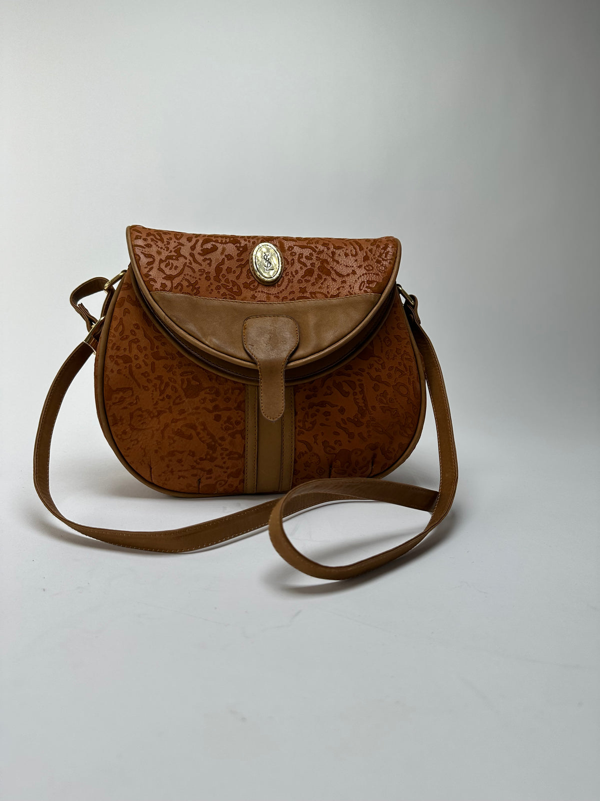 Vintage Yves Saint Laurent Embossed Leather Flap Crossbody Late 1970s Burnt Orange
