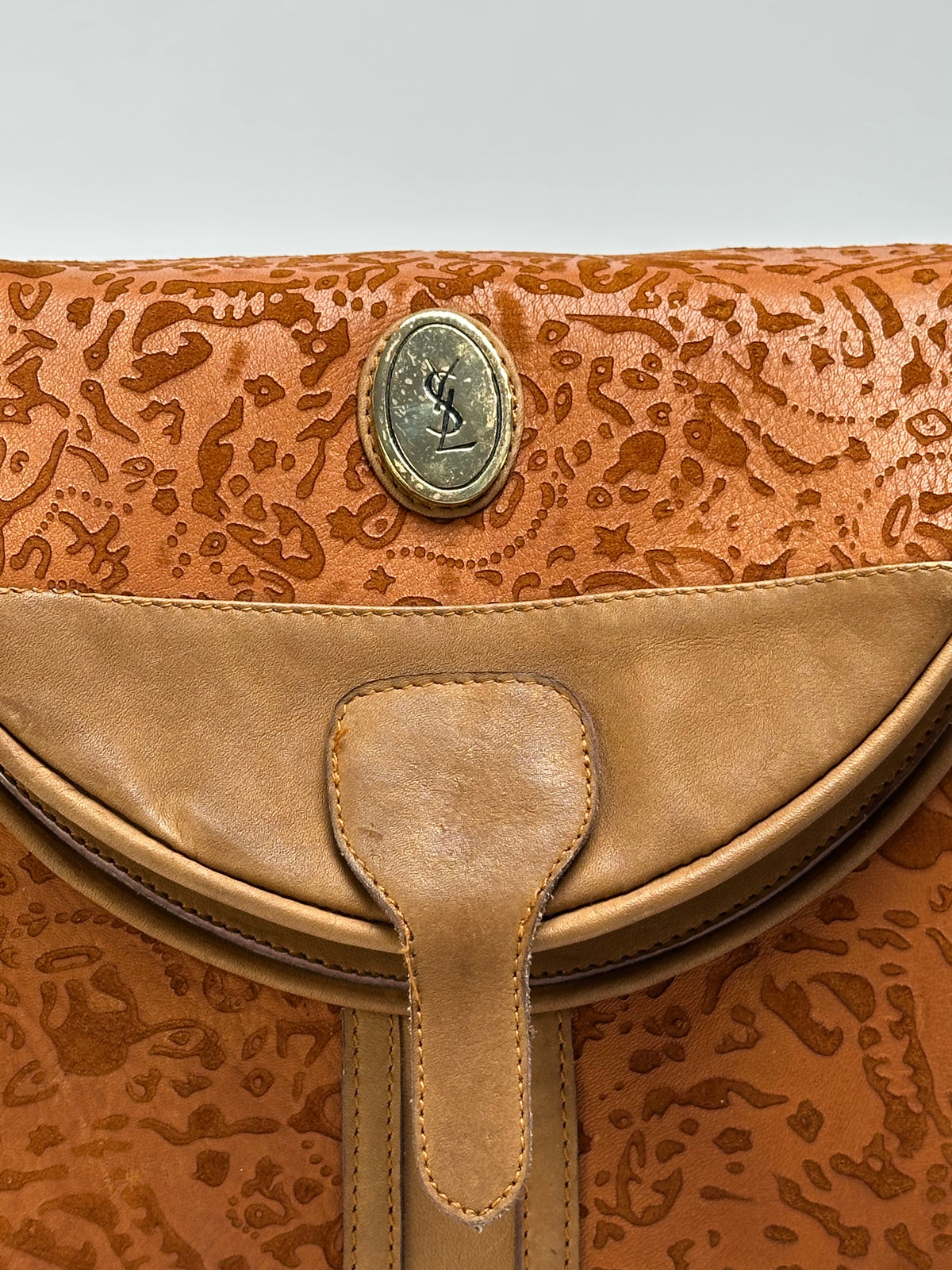Vintage Yves Saint Laurent Embossed Leather Flap Crossbody Late 1970s Burnt Orange