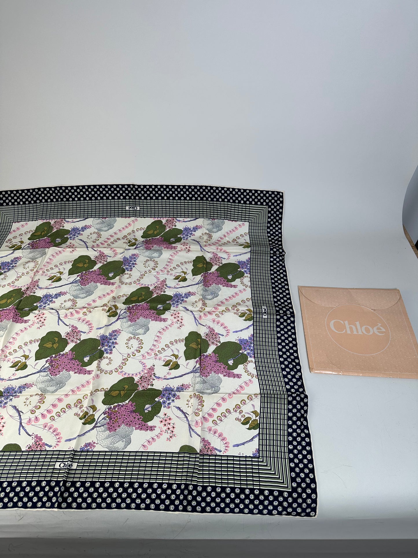 Vintage Chloe Floral Silk Scarf White Green Purple Navy