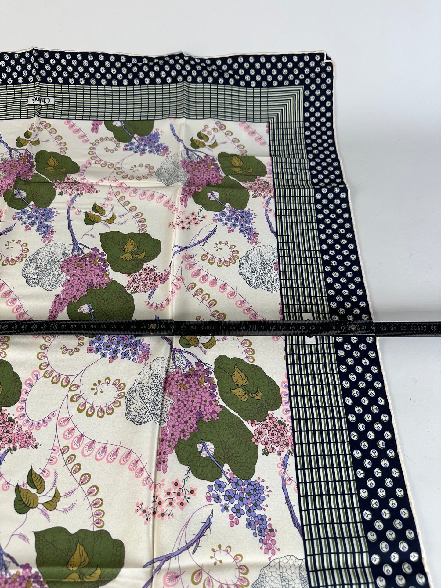 Vintage Chloe Floral Silk Scarf White Green Purple Navy