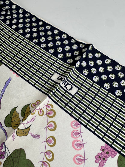 Vintage Chloe Floral Silk Scarf White Green Purple Navy
