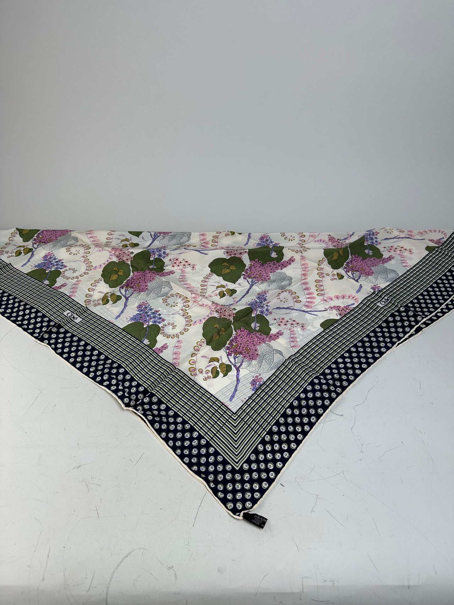 Vintage Chloe Floral Silk Scarf White Green Purple Navy