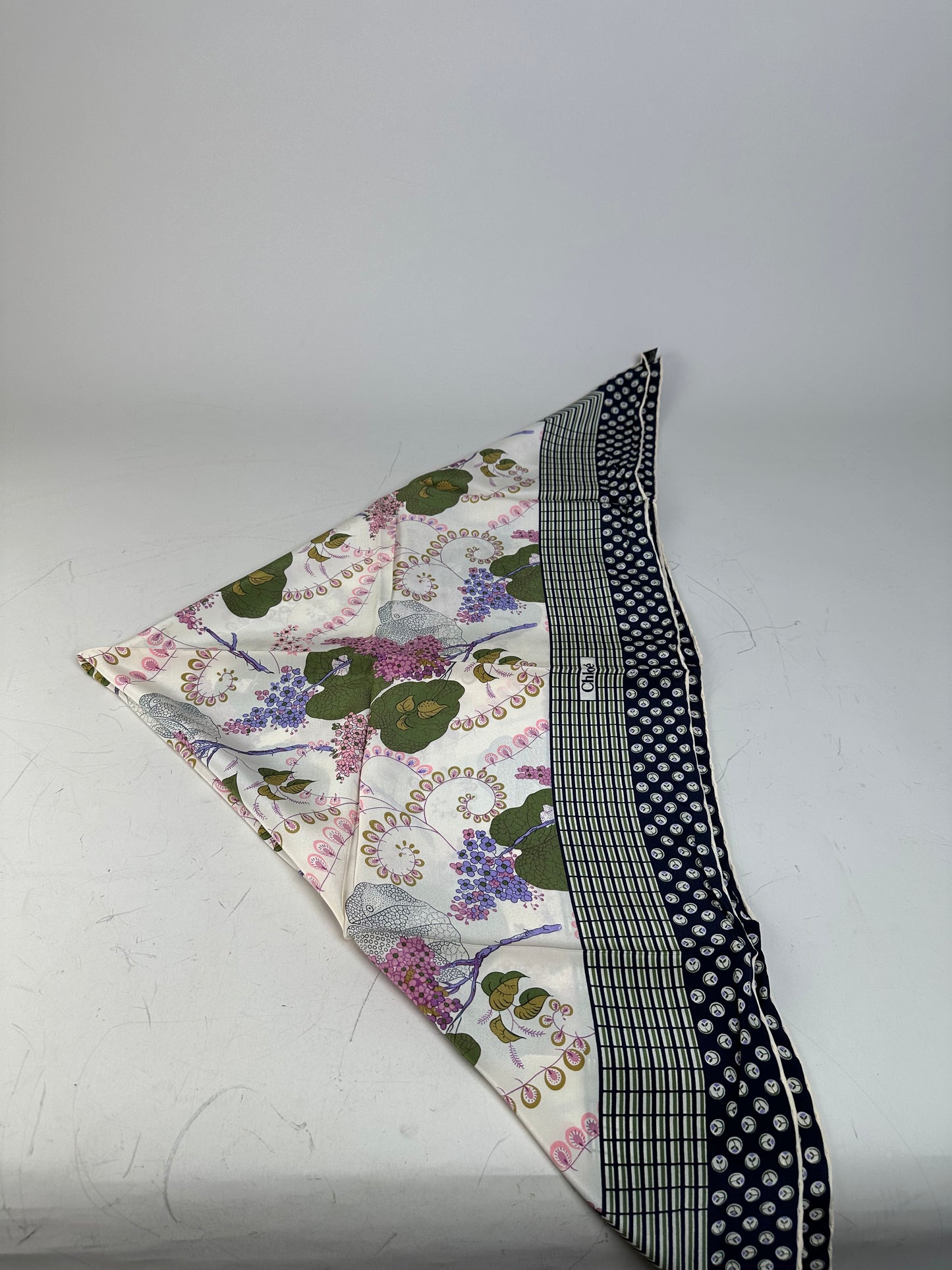 Vintage Chloe Floral Silk Scarf White Green Purple Navy