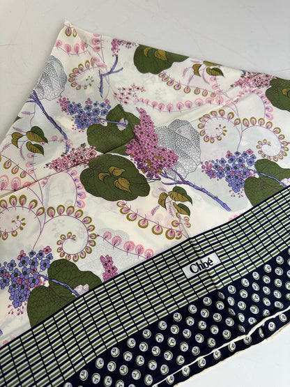 Vintage Chloe Floral Silk Scarf White Green Purple Navy