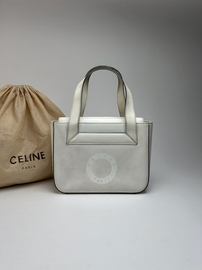 Sac à main vintage en cuir et coton Céline Paris blanc