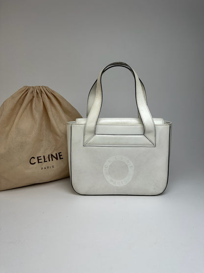 Sac à main vintage en cuir et coton Céline Paris blanc