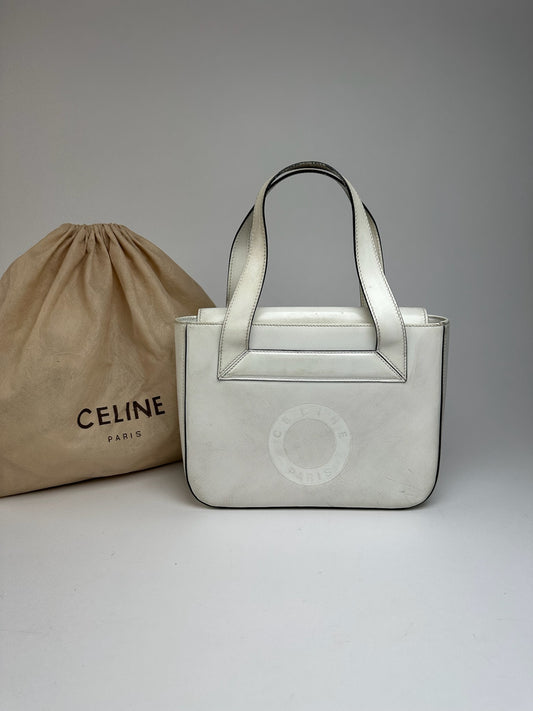 Sac à main vintage en cuir et coton Céline Paris blanc