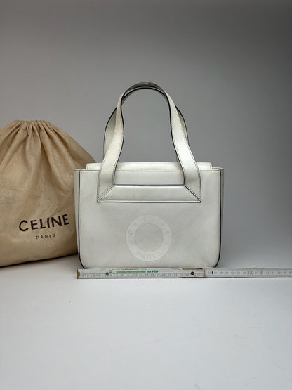 Sac à main vintage en cuir et coton Céline Paris blanc