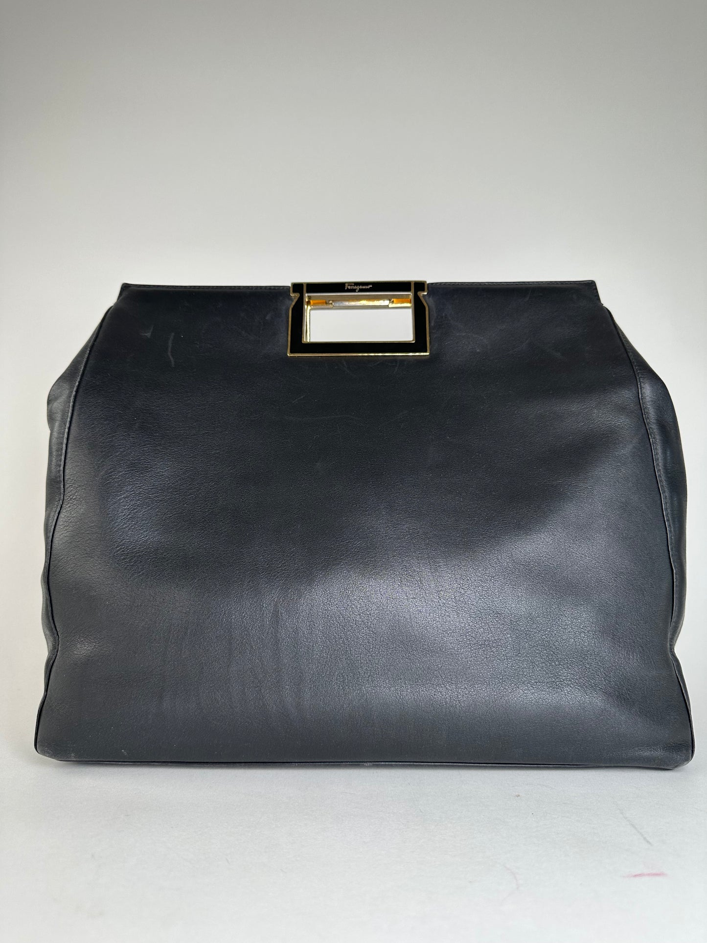 Vintage Salvatore Ferragamo Leather Frame Top Handle Handbag Black