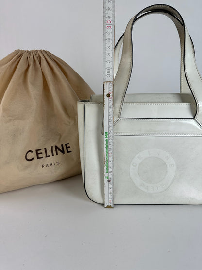 Sac à main vintage en cuir et coton Céline Paris blanc
