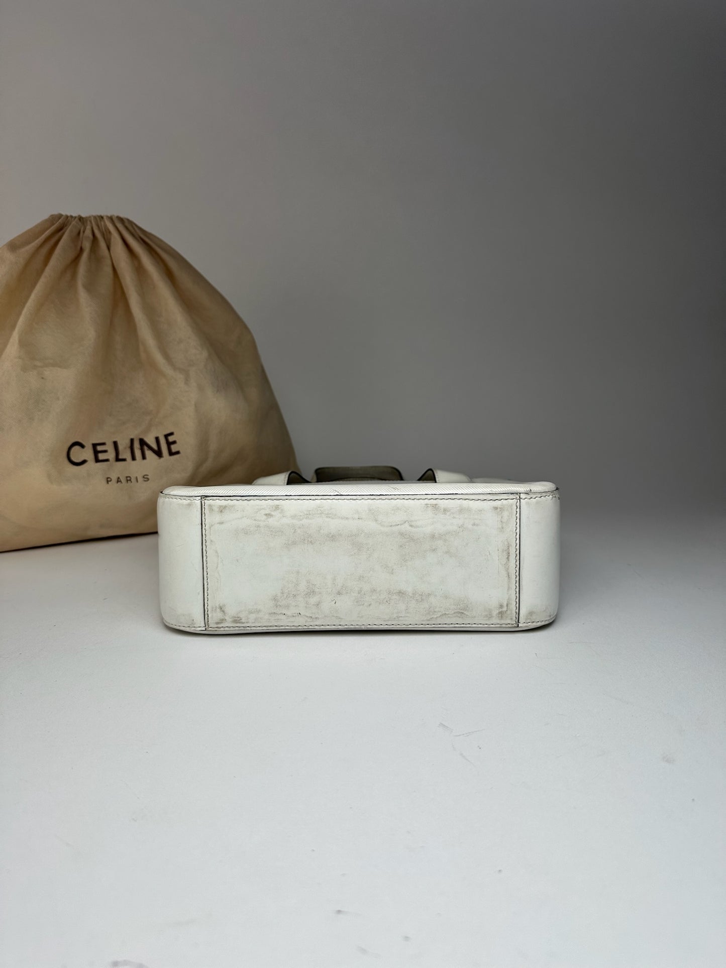 Sac à main vintage en cuir et coton Céline Paris blanc